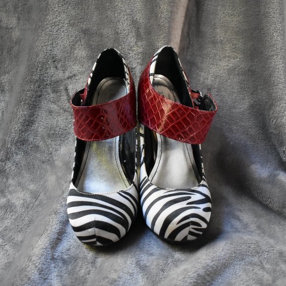 BAMBOO Shoes - Bamboo Zebra Print Heels with Red Ankle Strap
